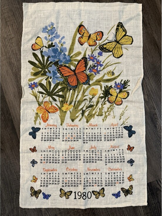 Other - Vintage 1980 Linen Kitchen Calendar Tea Towel or Wall Hanging Butterflies